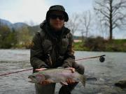 Rainbow trout and Sasa, April fly fishing Slovenia 2019 Savinja